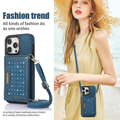 For iPhone 16 Pro Case Wallet RFID Blocking TPU Leather Phone Cover with Lanyard
