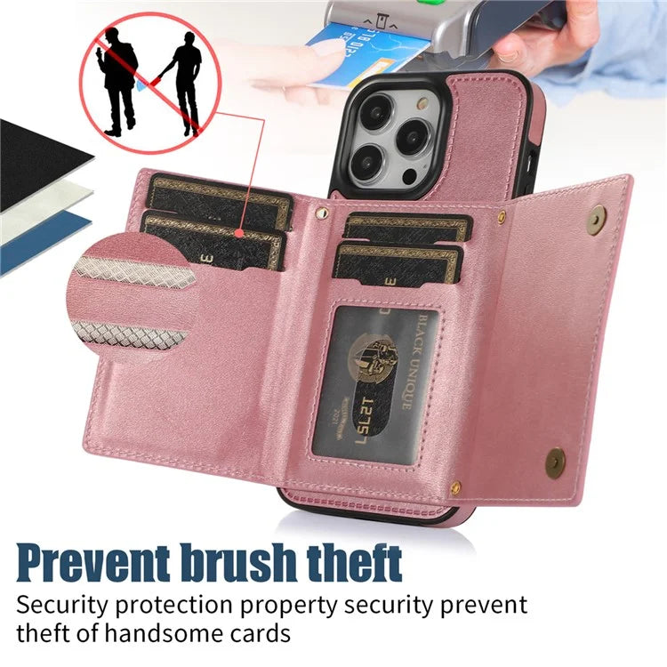 For iPhone 16 Pro Case Wallet RFID Blocking TPU Leather Phone Cover with Lanyard