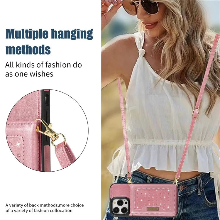 For iPhone 16 Pro Case Wallet RFID Blocking TPU Leather Phone Cover with Lanyard