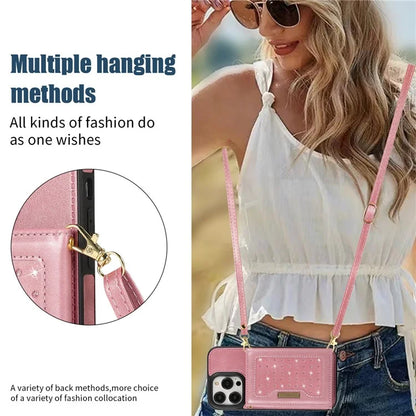 For iPhone 16 Pro Case Wallet RFID Blocking TPU Leather Phone Cover with Lanyard