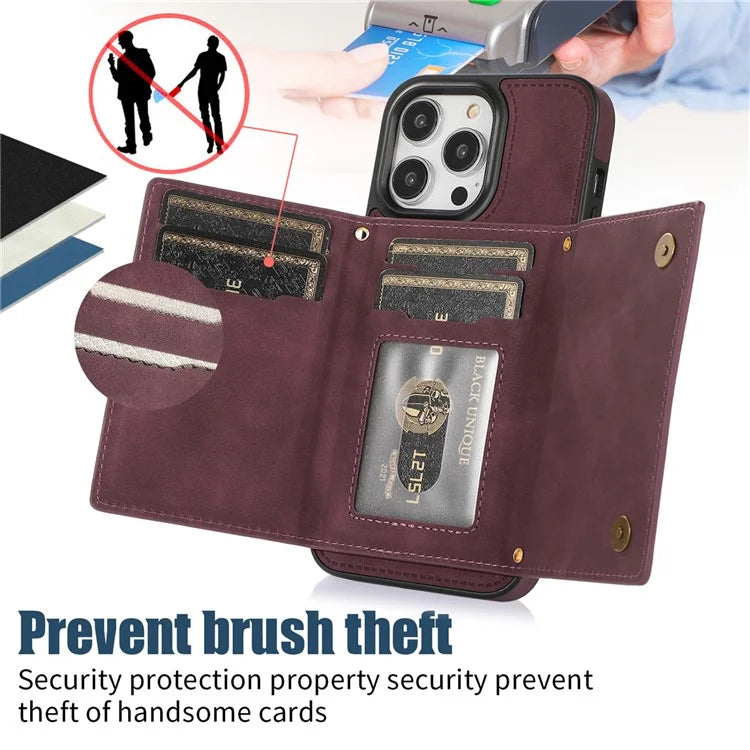 For iPhone 16 Pro Case Wallet RFID Blocking TPU Leather Phone Cover with Lanyard