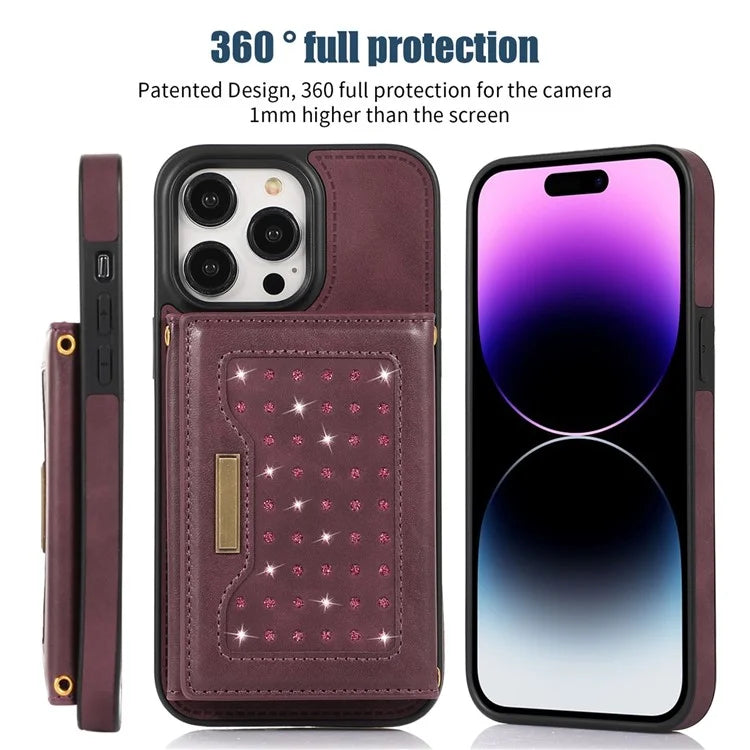For iPhone 16 Pro Case Wallet RFID Blocking TPU Leather Phone Cover with Lanyard