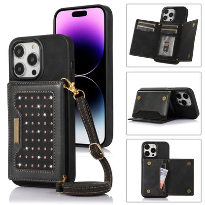 For iPhone 16 Pro Case Wallet RFID Blocking TPU Leather Phone Cover with Lanyard