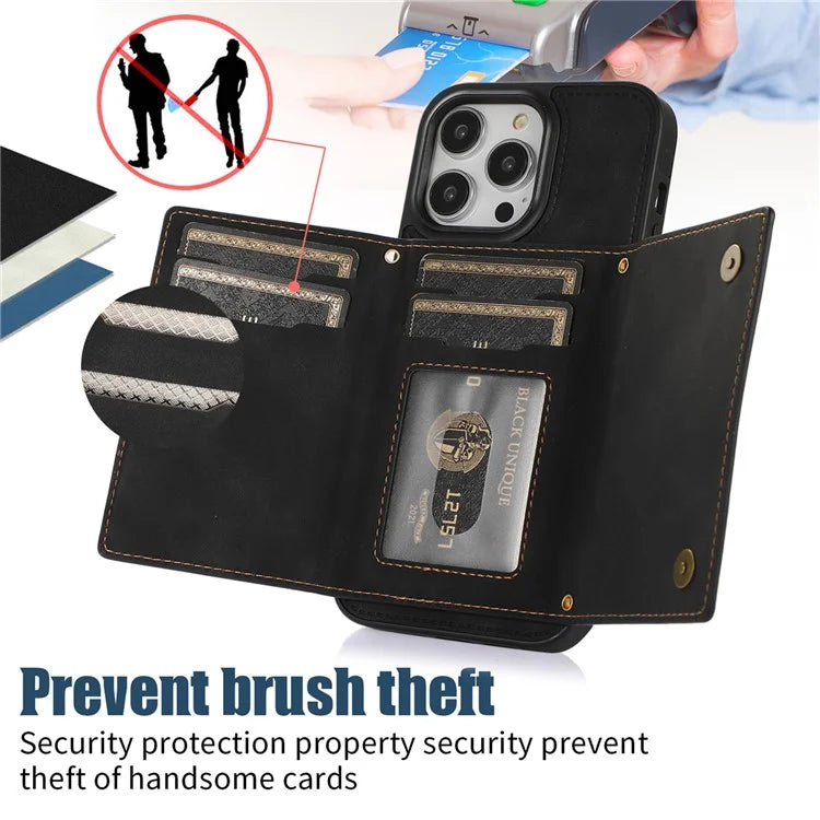 For iPhone 16 Pro Case Wallet RFID Blocking TPU Leather Phone Cover with Lanyard