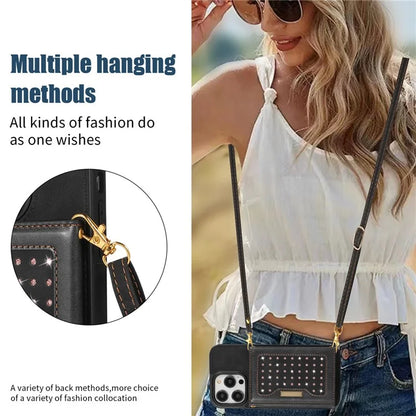 For iPhone 16 Pro Case Wallet RFID Blocking TPU Leather Phone Cover with Lanyard