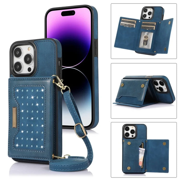 For iPhone 16 Pro Max Kickstand Case with Lanyard TPU Leather Wallet Phone Cover RFID Blocking
