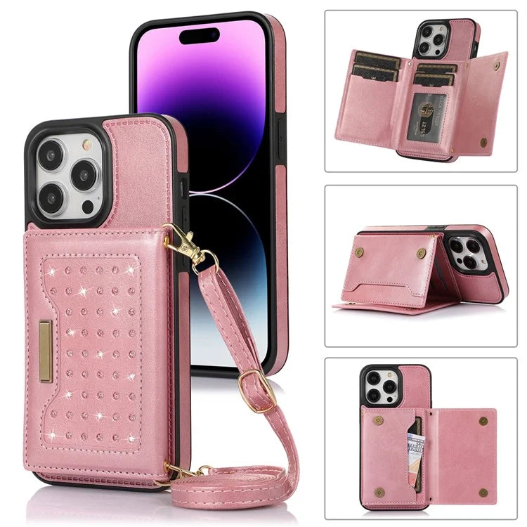 For iPhone 16 Pro Max Kickstand Case with Lanyard TPU Leather Wallet Phone Cover RFID Blocking