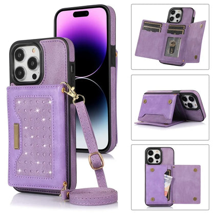 For iPhone 16 Pro Max Kickstand Case with Lanyard TPU Leather Wallet Phone Cover RFID Blocking