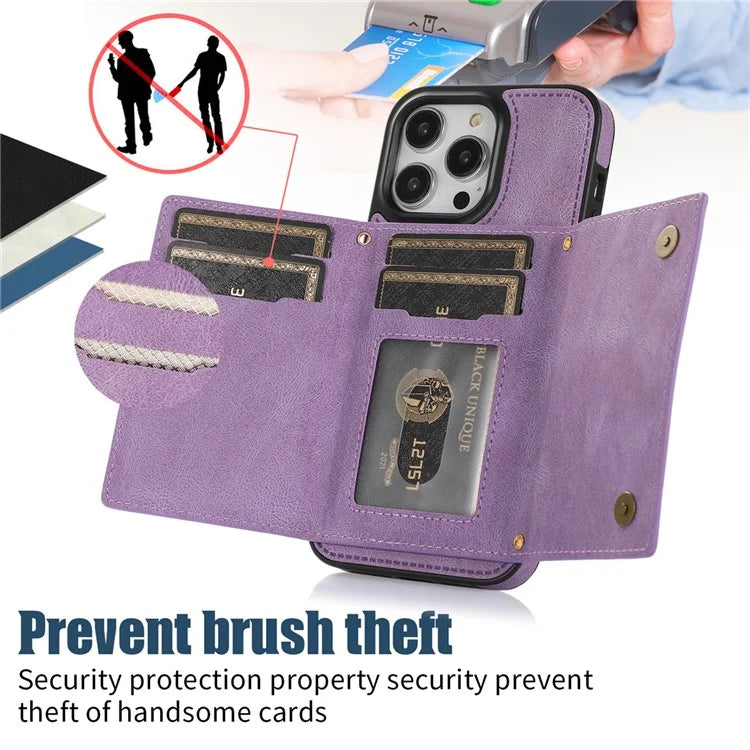 For iPhone 16 Pro Max Kickstand Case with Lanyard TPU Leather Wallet Phone Cover RFID Blocking