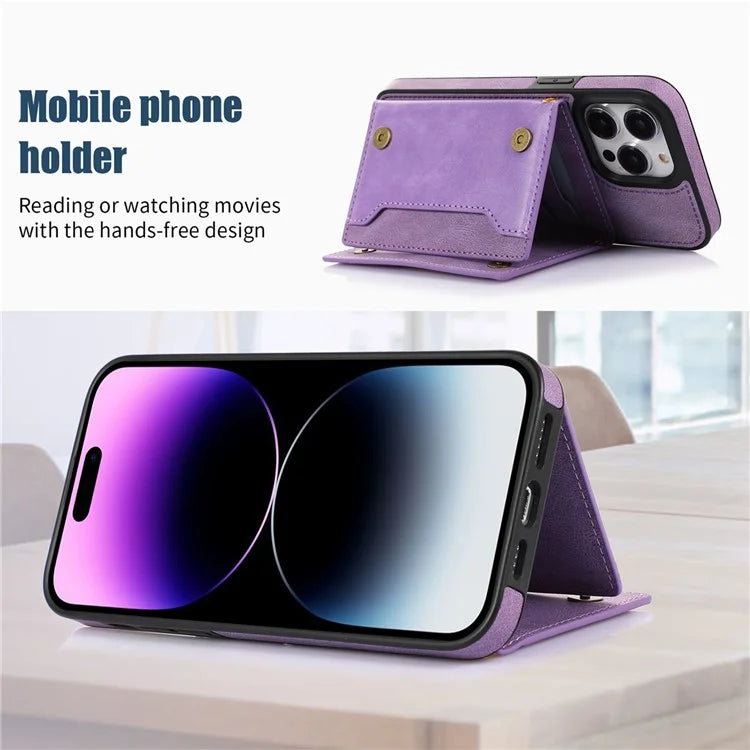 For iPhone 16 Pro Max Kickstand Case with Lanyard TPU Leather Wallet Phone Cover RFID Blocking