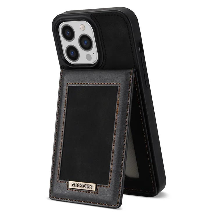 N.BEKUS For iPhone 16 Pro Max Card Slots Case RFID Blocking Leather+TPU Kickstand Phone Cover