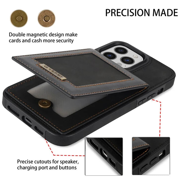 N.BEKUS For iPhone 16 Pro Max Card Slots Case RFID Blocking Leather+TPU Kickstand Phone Cover