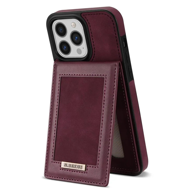 N.BEKUS For iPhone 16 Pro Max Card Slots Case RFID Blocking Leather+TPU Kickstand Phone Cover