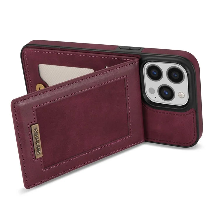 N.BEKUS For iPhone 16 Pro Max Card Slots Case RFID Blocking Leather+TPU Kickstand Phone Cover