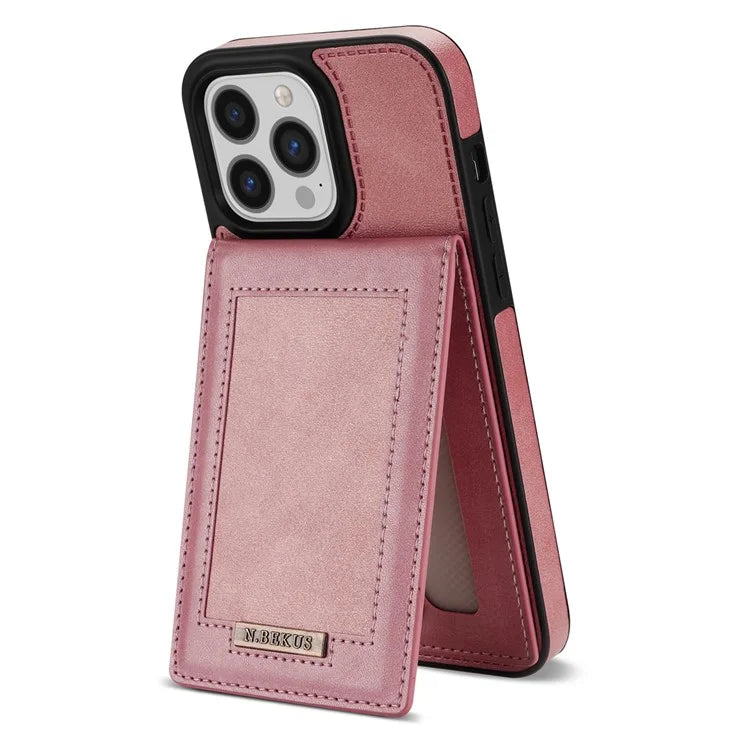 N.BEKUS For iPhone 16 Pro Max Card Slots Case RFID Blocking Leather+TPU Kickstand Phone Cover