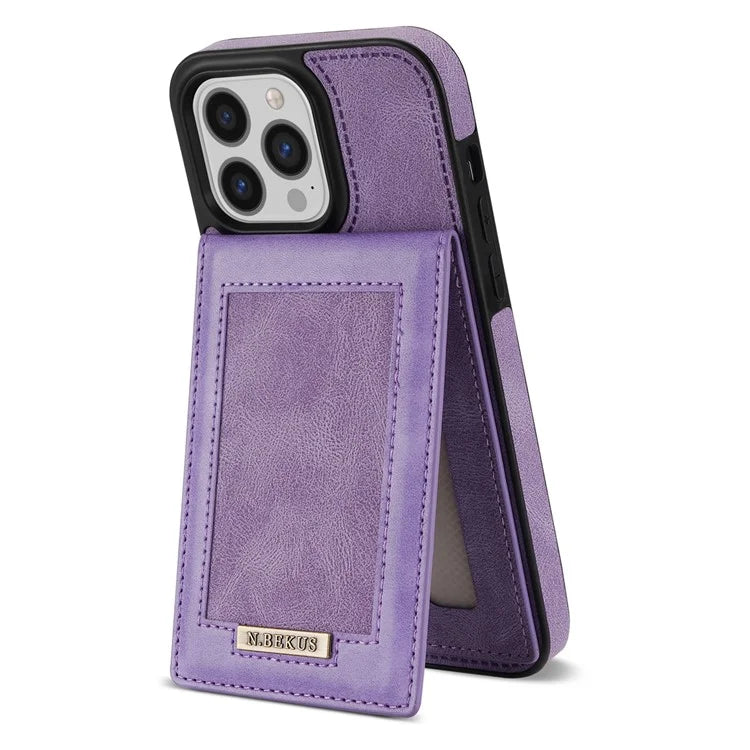 N.BEKUS For iPhone 16 Pro Max Card Slots Case RFID Blocking Leather+TPU Kickstand Phone Cover