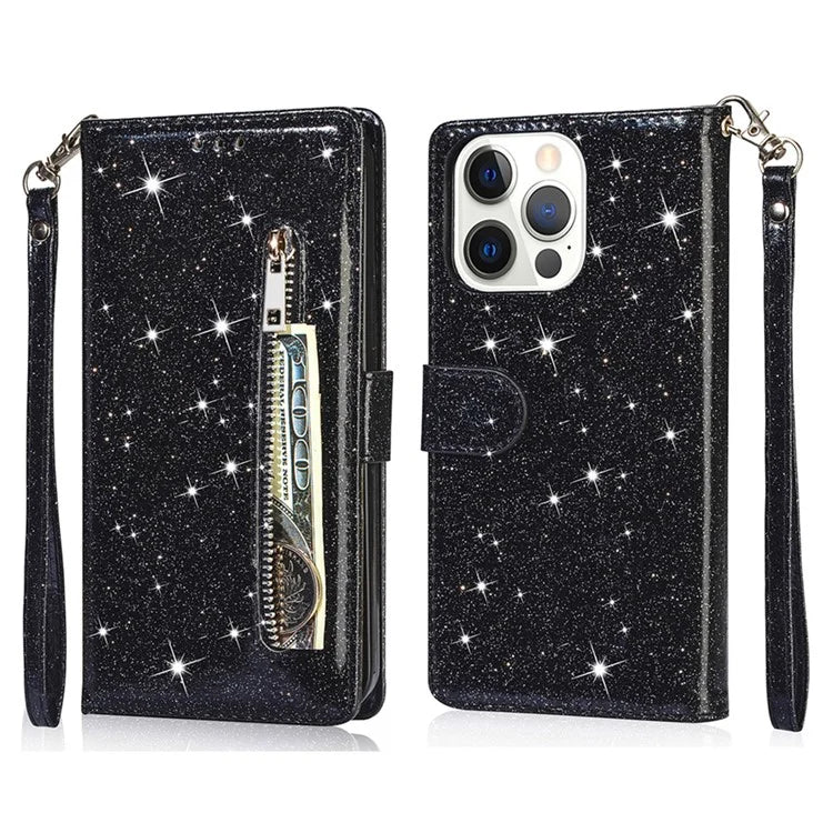 For iPhone 16 Pro Stand Case Glitter Phone Leather Cover Zipper Pocket