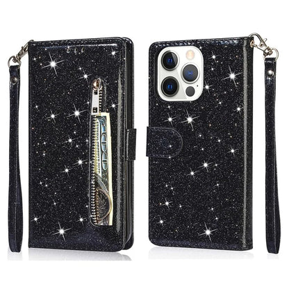 For iPhone 16 Pro Stand Case Glitter Phone Leather Cover Zipper Pocket