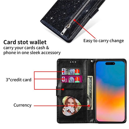 For iPhone 16 Pro Stand Case Glitter Phone Leather Cover Zipper Pocket