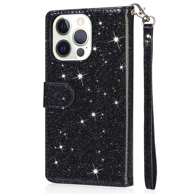 For iPhone 16 Pro Stand Case Glitter Phone Leather Cover Zipper Pocket