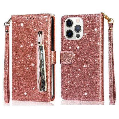 For iPhone 16 Pro Stand Case Glitter Phone Leather Cover Zipper Pocket