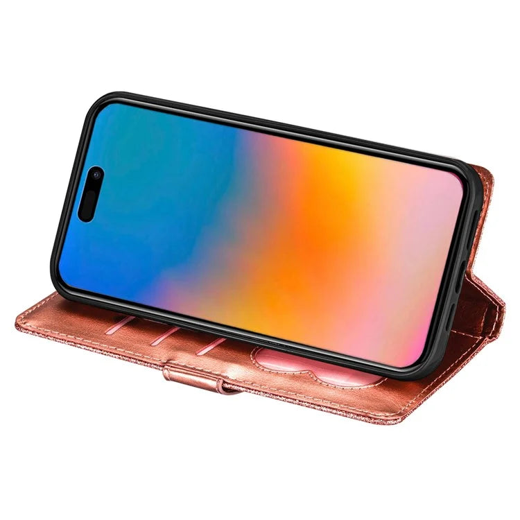 For iPhone 16 Pro Stand Case Glitter Phone Leather Cover Zipper Pocket