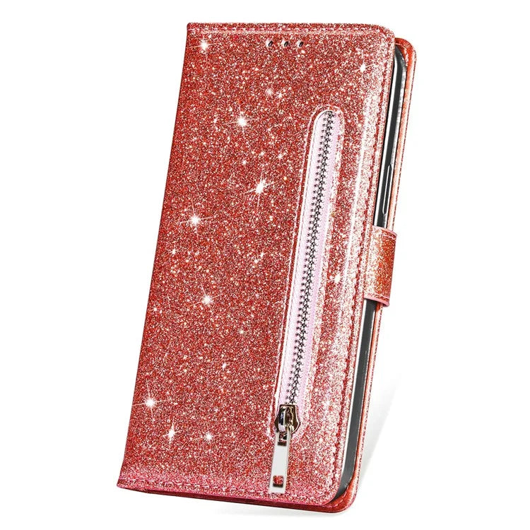 For iPhone 16 Pro Stand Case Glitter Phone Leather Cover Zipper Pocket