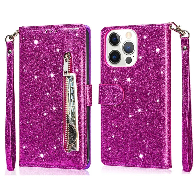 For iPhone 16 Pro Stand Case Glitter Phone Leather Cover Zipper Pocket