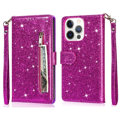 For iPhone 16 Pro Stand Case Glitter Phone Leather Cover Zipper Pocket