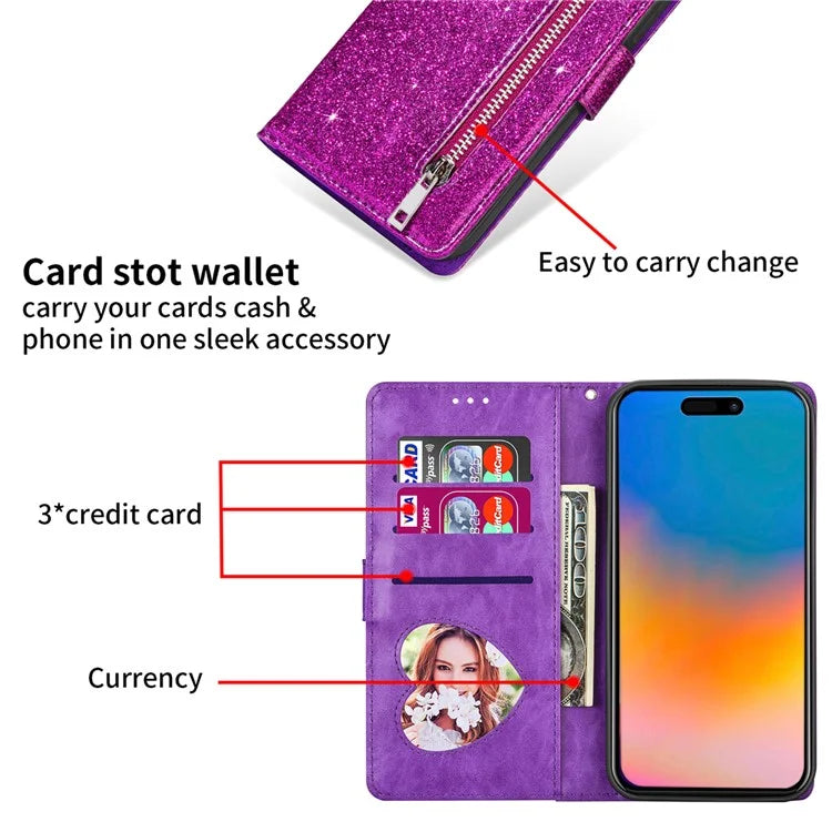 For iPhone 16 Pro Stand Case Glitter Phone Leather Cover Zipper Pocket