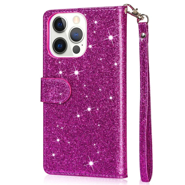 For iPhone 16 Pro Stand Case Glitter Phone Leather Cover Zipper Pocket
