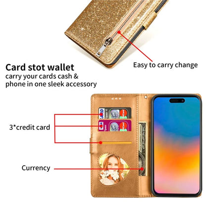 For iPhone 16 Pro Stand Case Glitter Phone Leather Cover Zipper Pocket