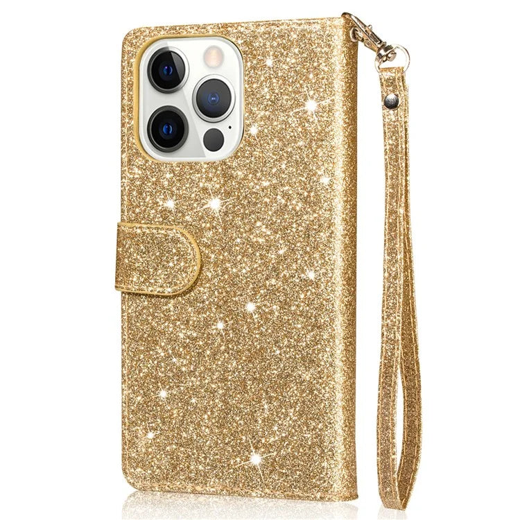 For iPhone 16 Pro Stand Case Glitter Phone Leather Cover Zipper Pocket