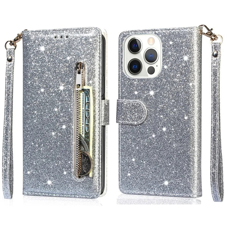For iPhone 16 Pro Stand Case Glitter Phone Leather Cover Zipper Pocket