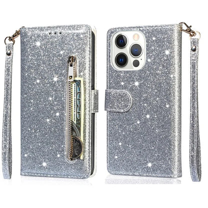 For iPhone 16 Pro Stand Case Glitter Phone Leather Cover Zipper Pocket