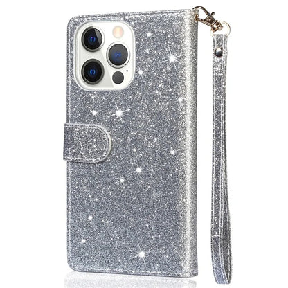 For iPhone 16 Pro Stand Case Glitter Phone Leather Cover Zipper Pocket