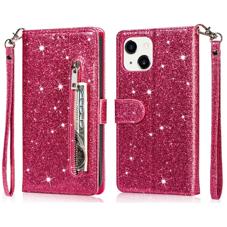 For iPhone 16 Pro Stand Case Glitter Phone Leather Cover Zipper Pocket