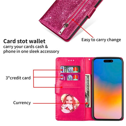For iPhone 16 Pro Stand Case Glitter Phone Leather Cover Zipper Pocket