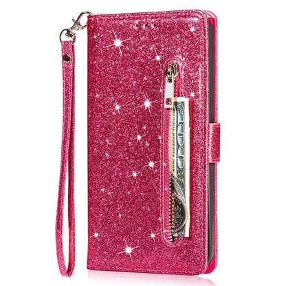 For iPhone 16 Pro Stand Case Glitter Phone Leather Cover Zipper Pocket