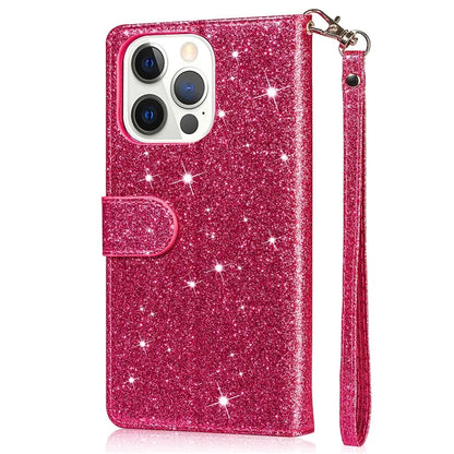 For iPhone 16 Pro Stand Case Glitter Phone Leather Cover Zipper Pocket