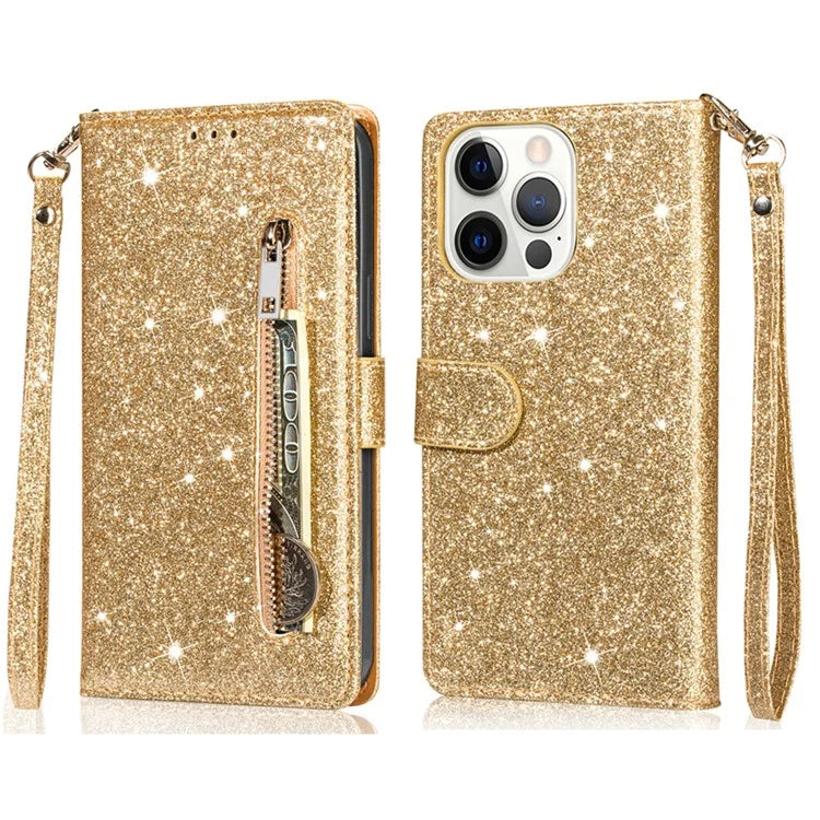 For iPhone 16 Pro Max Case Glitter Leather Stand Phone Cover Zipper Pocket