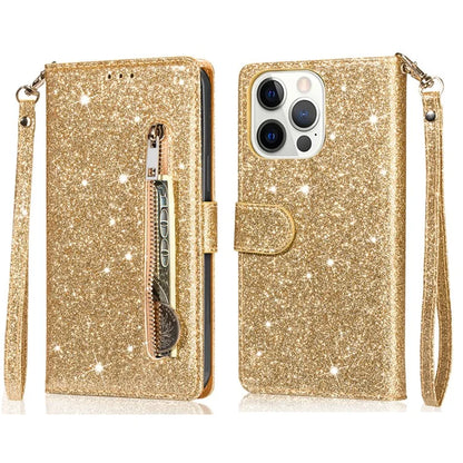 For iPhone 16 Pro Max Case Glitter Leather Stand Phone Cover Zipper Pocket