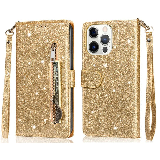 For iPhone 16 Pro Max Case Glitter Leather Stand Phone Cover Zipper Pocket
