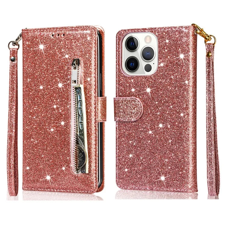 For iPhone 16 Pro Max Case Glitter Leather Stand Phone Cover Zipper Pocket