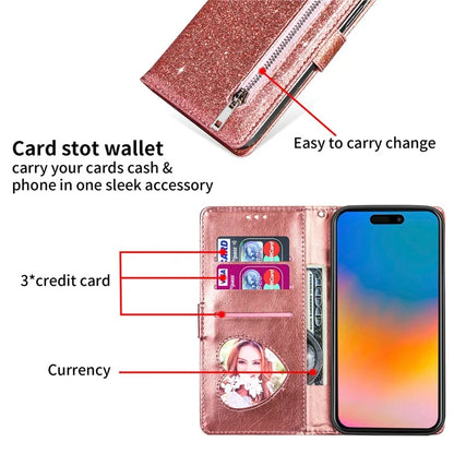 For iPhone 16 Pro Max Case Glitter Leather Stand Phone Cover Zipper Pocket