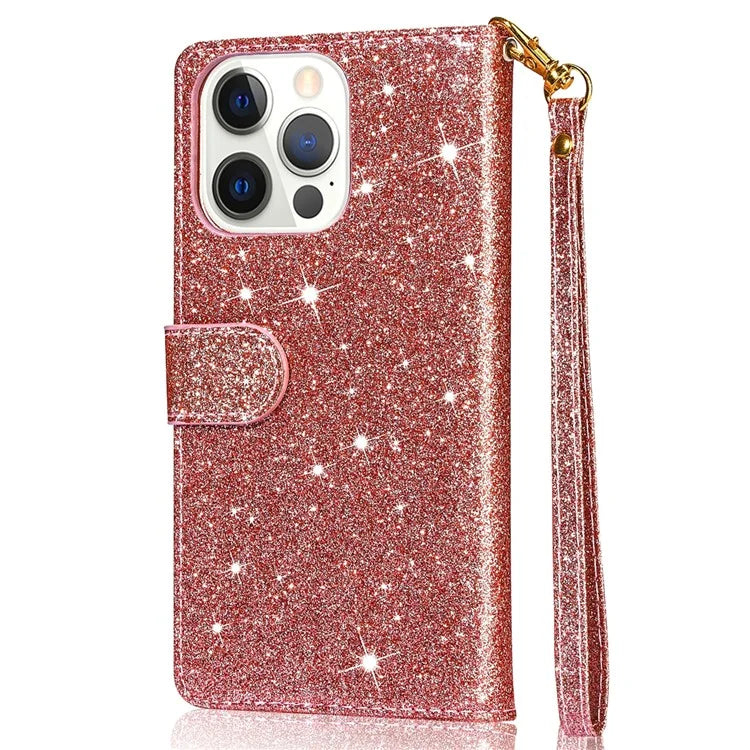 For iPhone 16 Pro Max Case Glitter Leather Stand Phone Cover Zipper Pocket