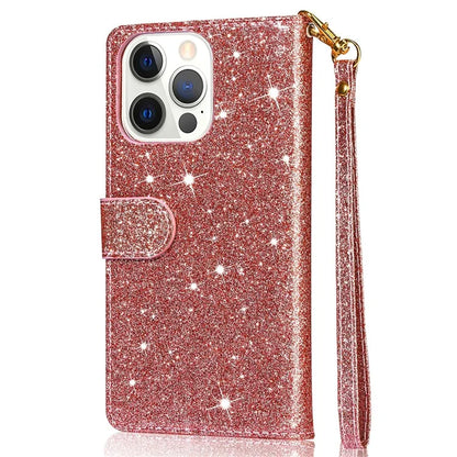 For iPhone 16 Pro Max Case Glitter Leather Stand Phone Cover Zipper Pocket
