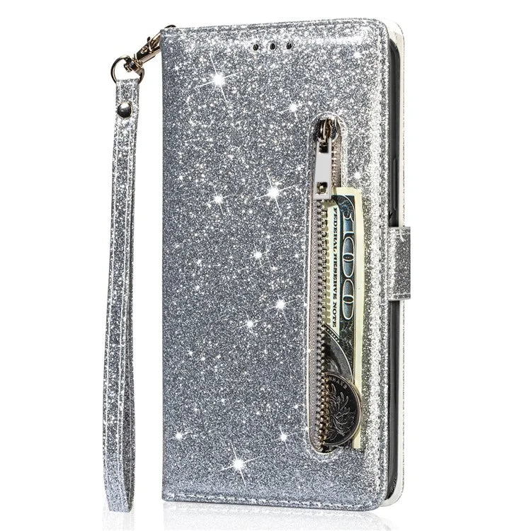 For iPhone 16 Pro Max Case Glitter Leather Stand Phone Cover Zipper Pocket