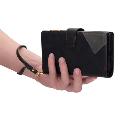 For iPhone 16 Pro Case Color Splicing Anti-Drop Leather Wallet Phone Cover
