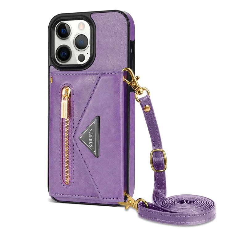 N.BEKUS For iPhone 16 Pro Max Leather Zipper Case Card Holder Phone Cover with Shoulder Strap